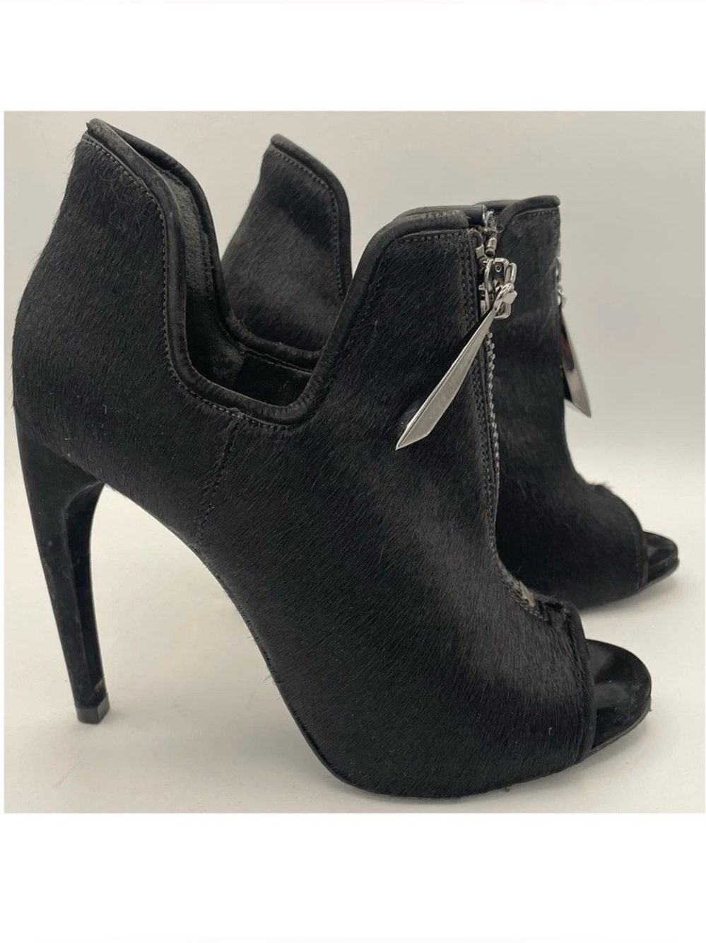 SCHUTZ Black Calf Hair Peep-Toe Heel Booties Size 7